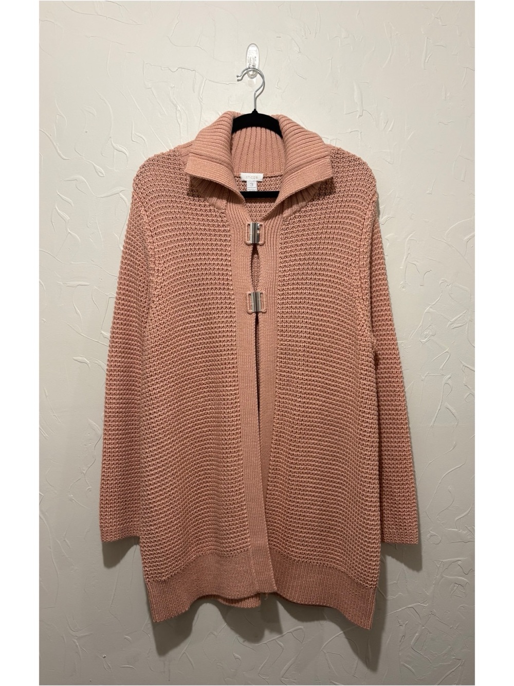 Chico’s salmon thick knit wool blend tunic length cardigan sweater (size 3/XL)